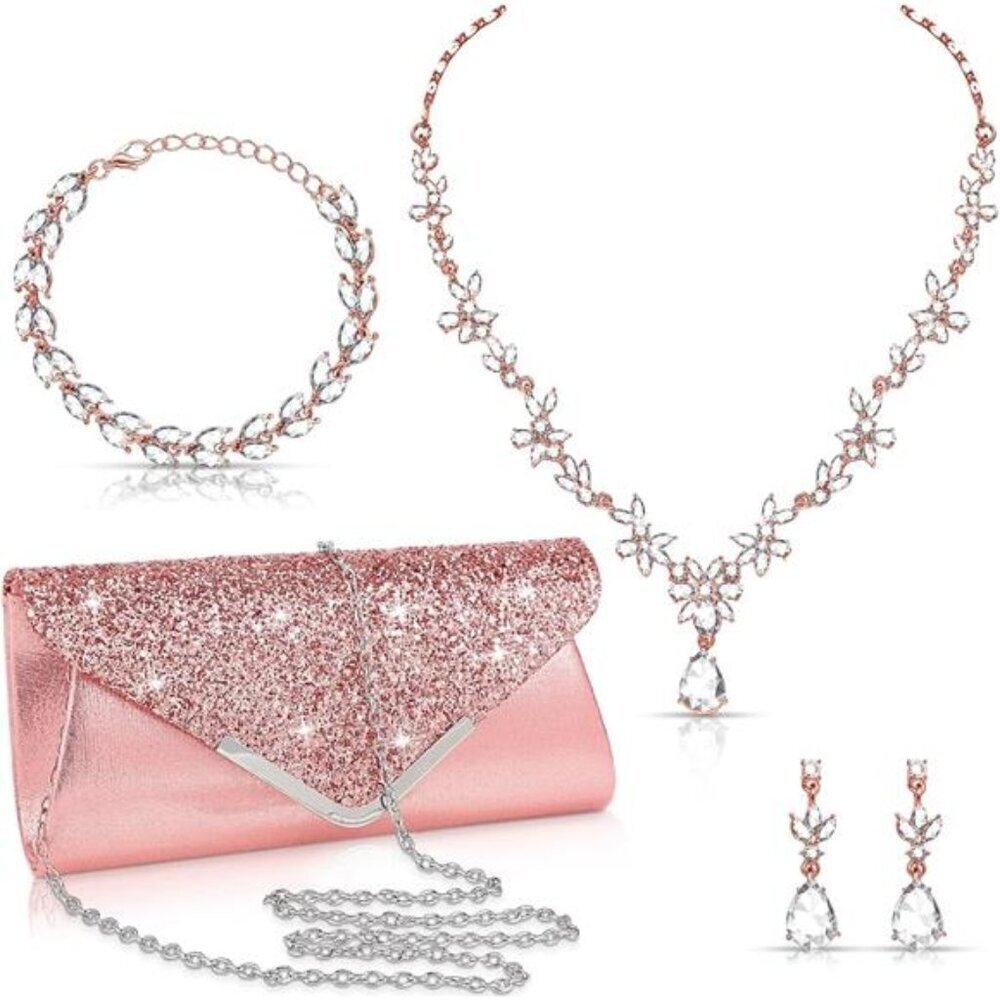 4 Pcs Pink Rhinestone Jewelry Set Floral Teardrop Crystal Wedding Set W/ Clutch